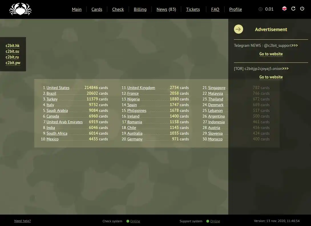 c2bit - General Darknet Card Shop and Checker