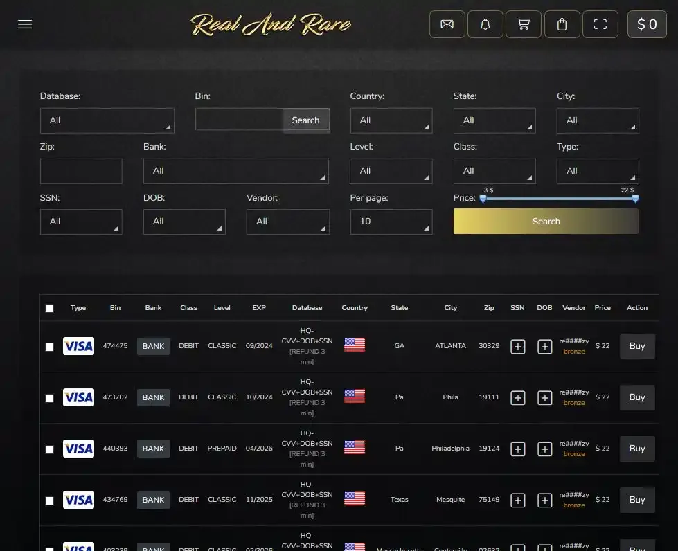 Real and Rare - Darknet card shop and market