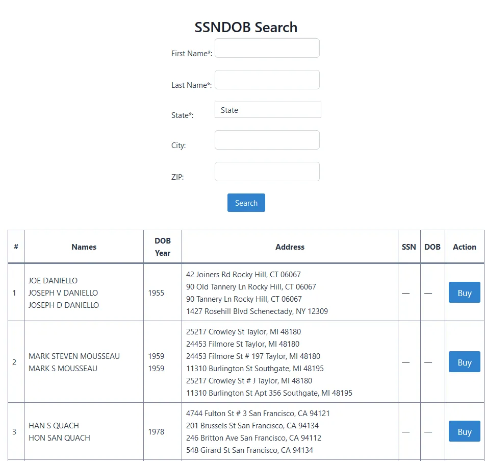 SSNDOB - SSN and DOB lookup service