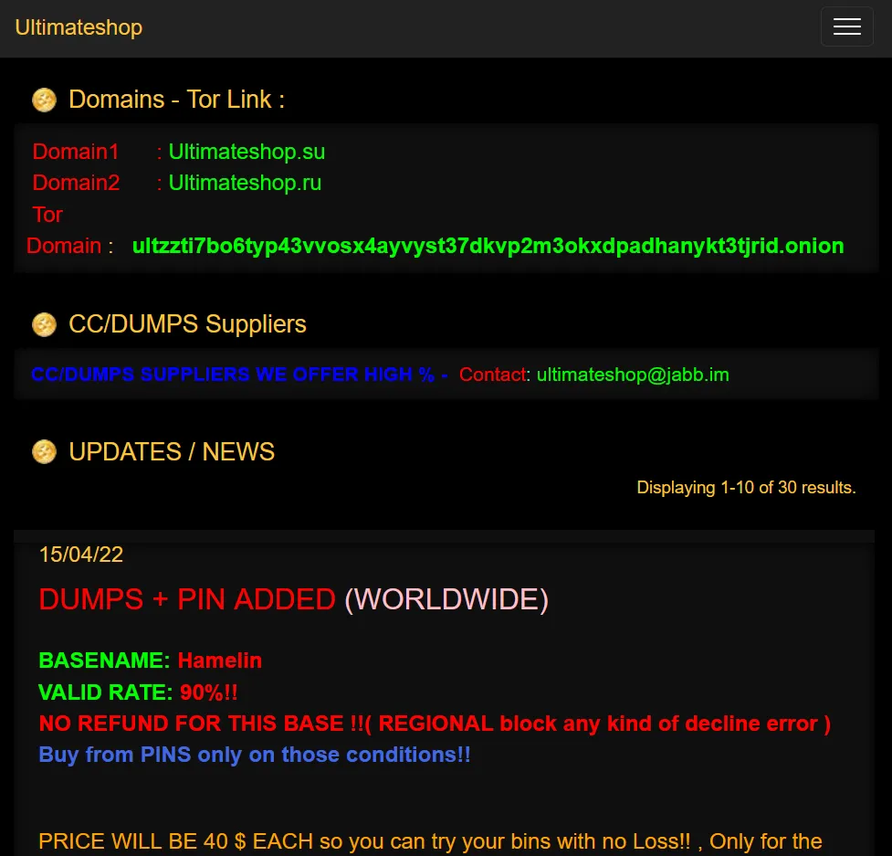 UltimateShop - Darknet Card Shop with special bulk discounts