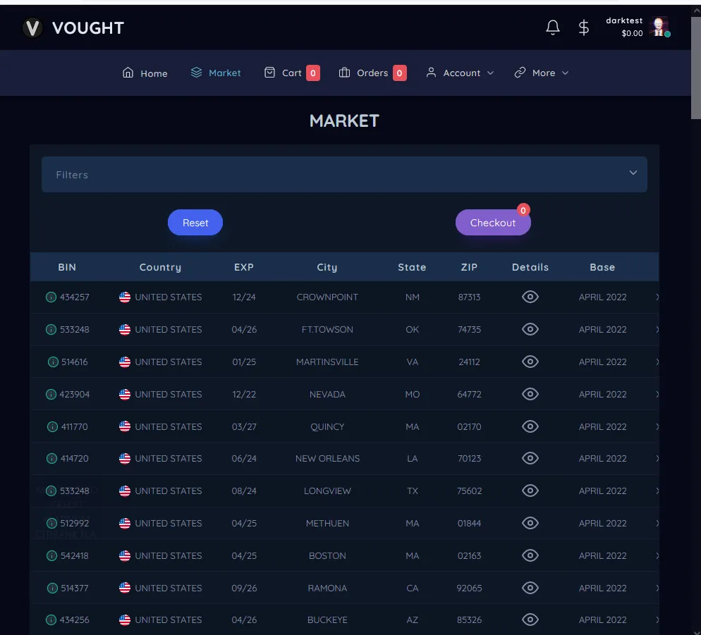 Vaught - Darknet Card Shop supporting multiple crypto coins