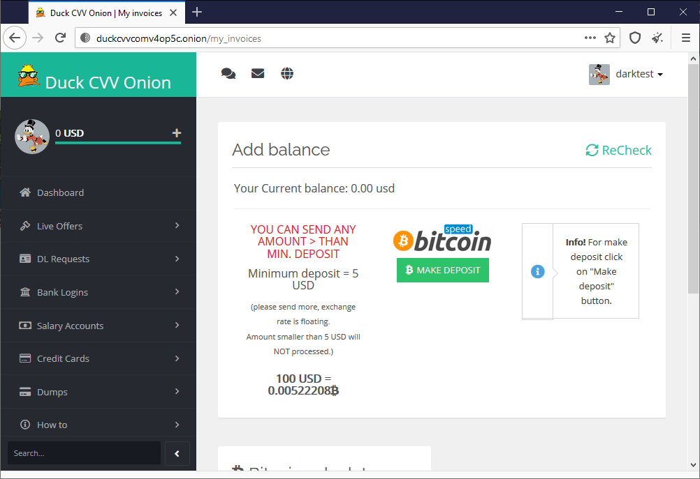 DuckCVV - Darknet market: Credit Cards and Financial Data