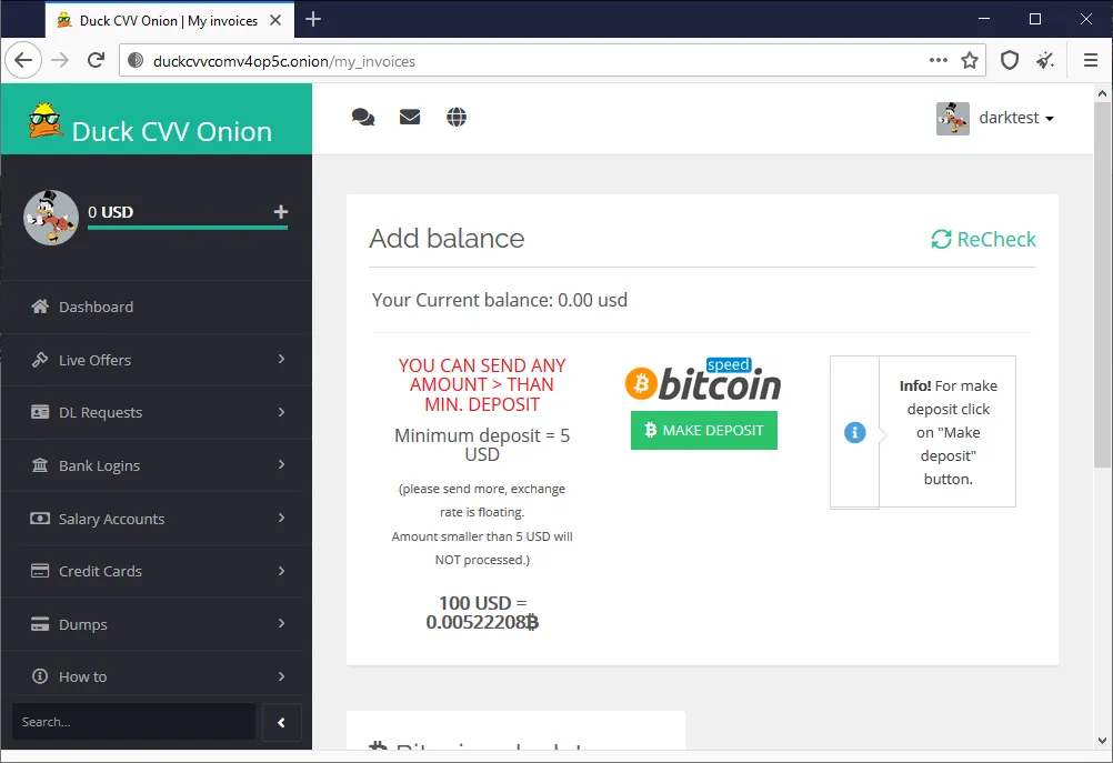 DuckCVV - Darknet market: Credit Cards and Financial Data